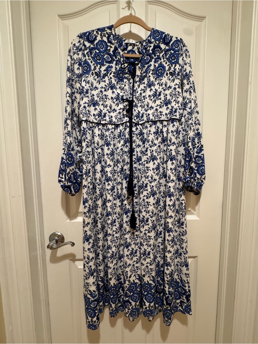 Blue & White Floral Boho Cottagecore Midi Dress XL 16/18 Tassel Tie